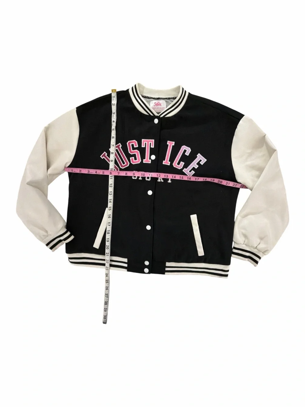 Justice Girls Varsity Bomber Jacket Black White Pink Spellout Y2K Size XL Plus